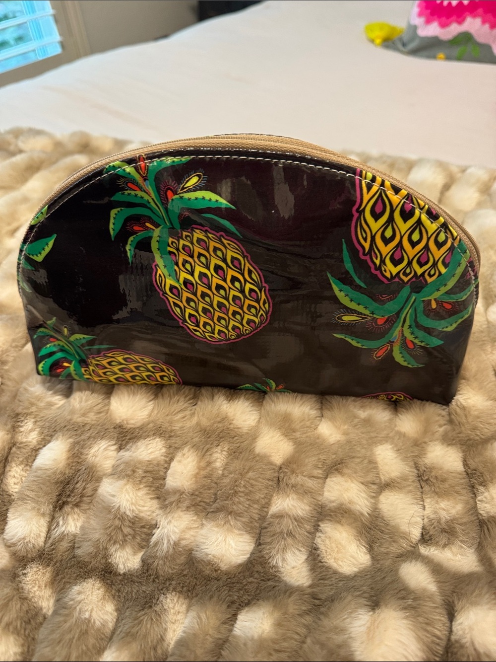 Consuela Chevron-Print Cosmetic Pouch in Green, Yellow and Orange size Lg 9.5w - Picture 4 of 5
